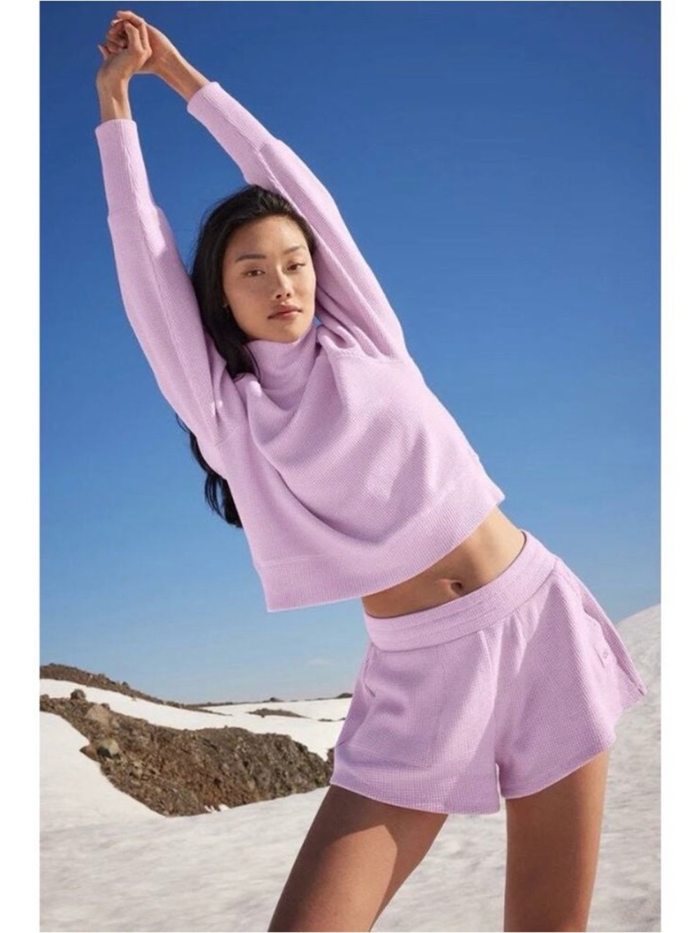 Alo Yoga Waffle Weekend Escape Mock Neck Sweatshirt Sugarplum Pink